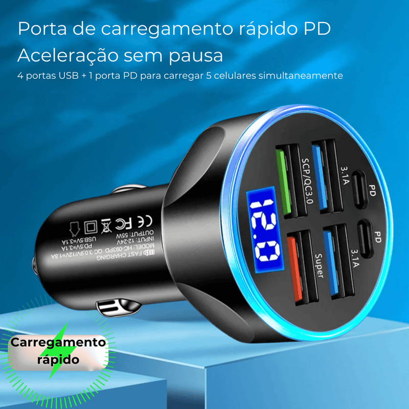 VoltCharge – Turbo Carregador Veicular 6 Portas - Lord Oferta